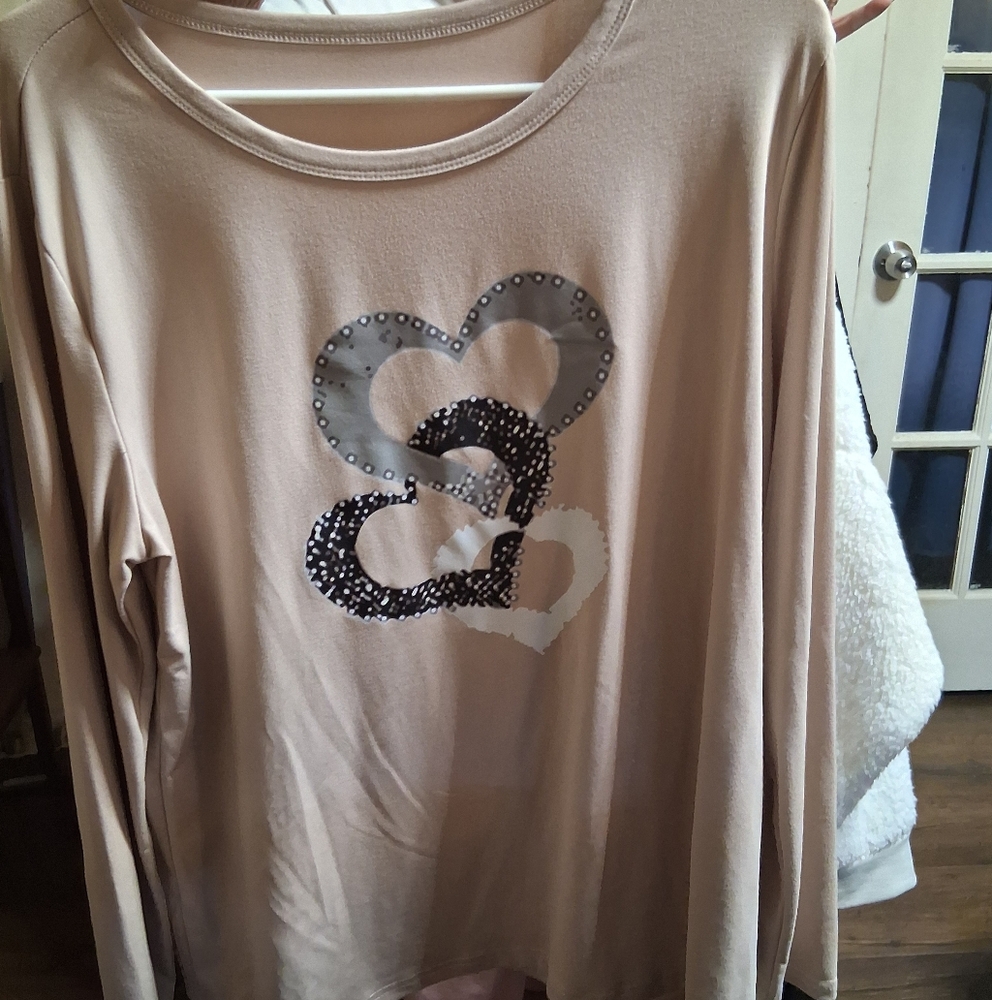 Beige Long Sleeve Top with Heart Design